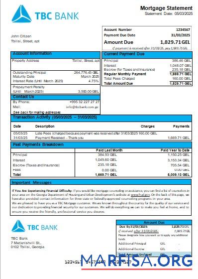 Blank Georgia TBC Bank mortgage statement scr example